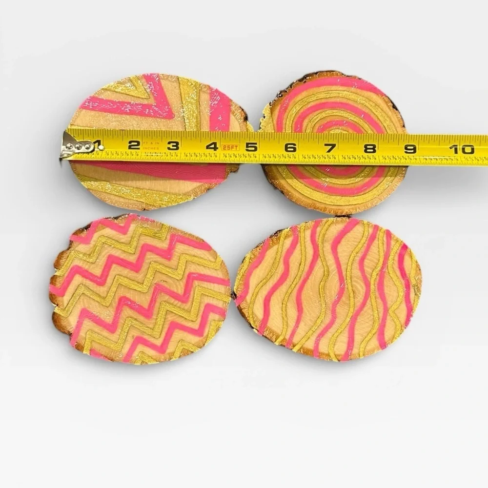 Handmade 4 Raw Wood Pink and Gold Patterned Coasters